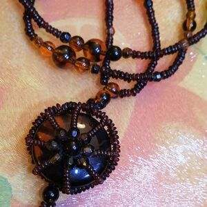 Genuine Lucite Vintage With Tag Brow And Amber Colour Beads Necklace 40" Long